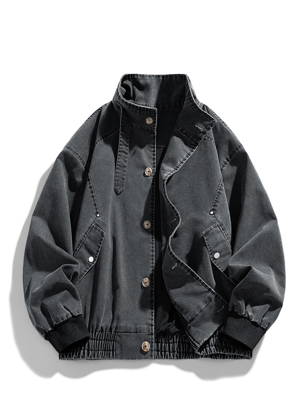 Férfi mosott denim dzseki, cipzáros zárás, galléros, laza szabás, hosszú ujjú, casual vintage stílus.