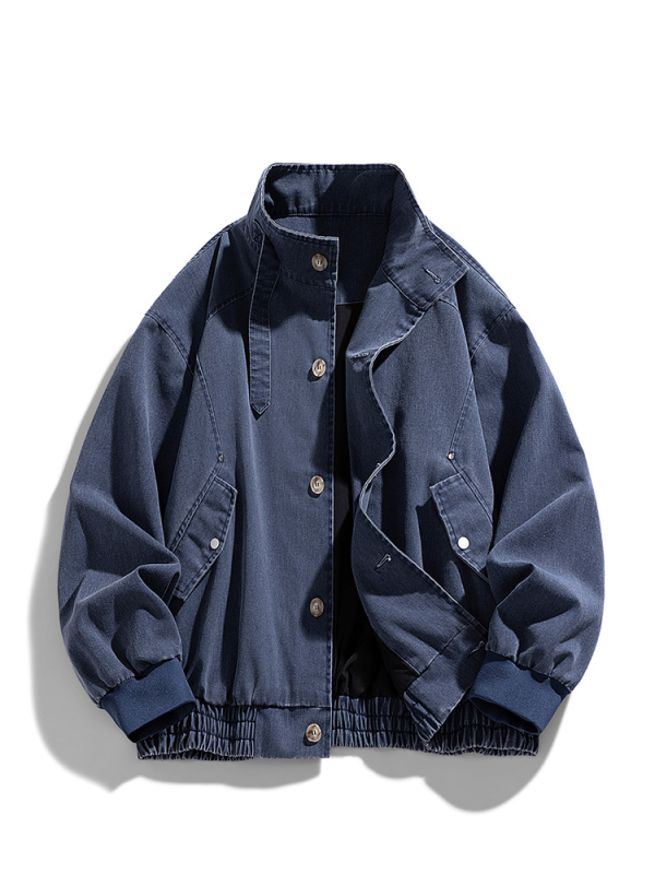 Férfi mosott denim dzseki, cipzáros zárás, galléros, laza szabás, hosszú ujjú, casual vintage stílus.