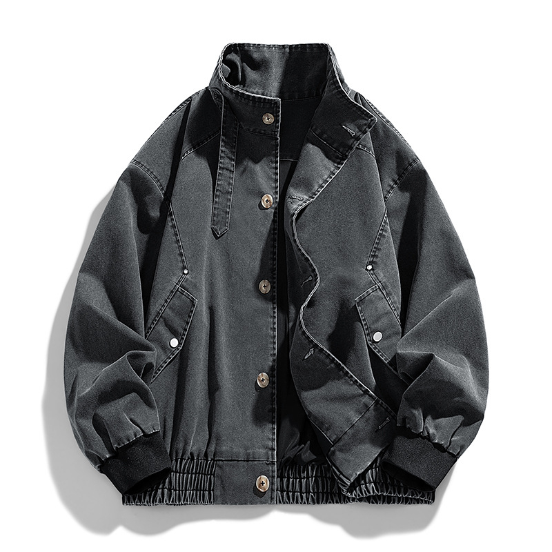 Férfi mosott denim dzseki, cipzáros zárás, galléros, laza szabás, hosszú ujjú, casual vintage stílus.