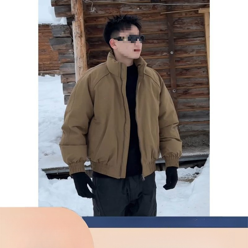 Férfi rövid pehelydzseki fehér kacsa downnal, állónyakú, téli vastag, meleg