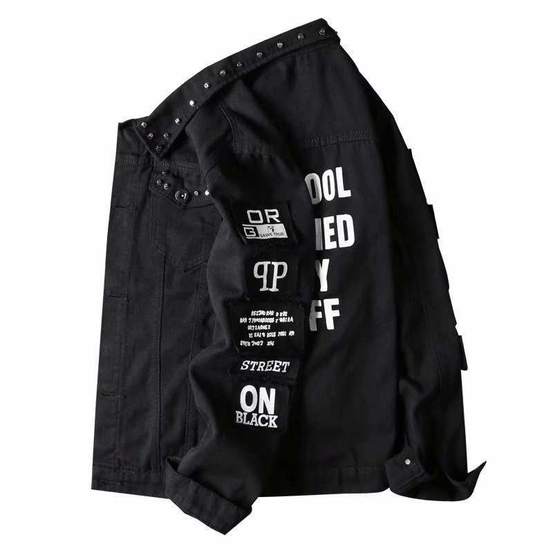 Férfi szakadt denim dzseki Koreai stílusban, slim fit, hosszú ujjak, egyszínű, több zseb