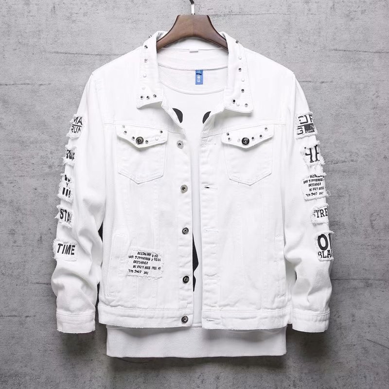 Férfi szakadt denim dzseki Koreai stílusban, slim fit, hosszú ujjak, egyszínű, több zseb
