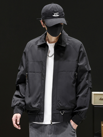 Férfi állógalléros edződzseki, funkcionális kültéri windbreaker, egyszínű, rövid fazon, tavasz–ősz