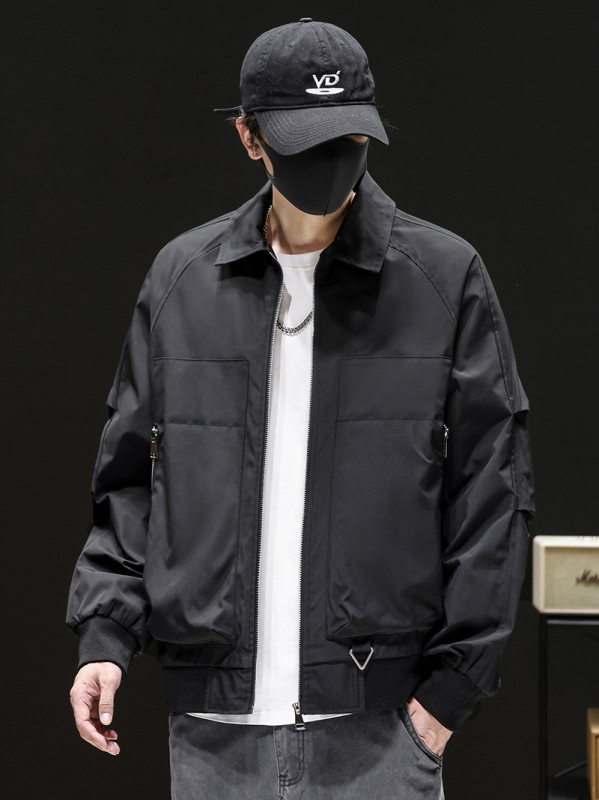 Férfi állógalléros edződzseki, funkcionális kültéri windbreaker, egyszínű, rövid fazon, tavasz–ősz