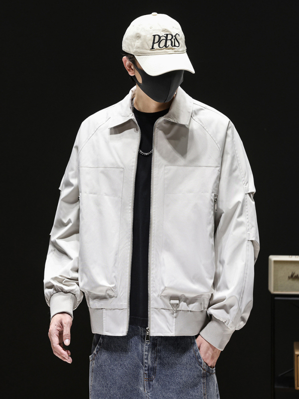 Férfi állógalléros edződzseki, funkcionális kültéri windbreaker, egyszínű, rövid fazon, tavasz–ősz