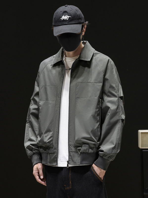 Férfi állógalléros edződzseki, funkcionális kültéri windbreaker, egyszínű, rövid fazon, tavasz–ősz