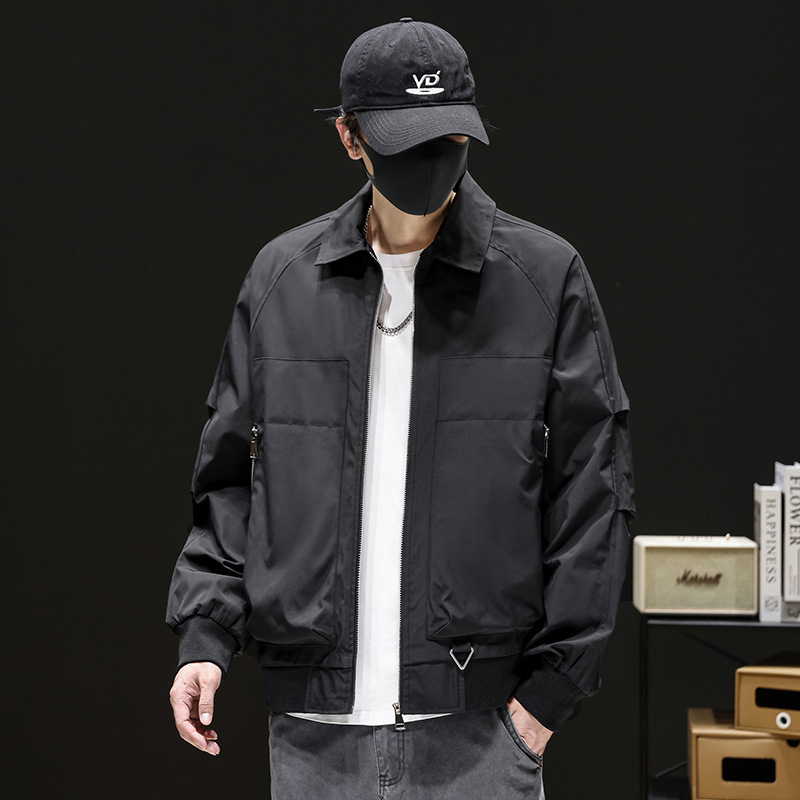 Férfi állógalléros edződzseki, funkcionális kültéri windbreaker, egyszínű, rövid fazon, tavasz–ősz