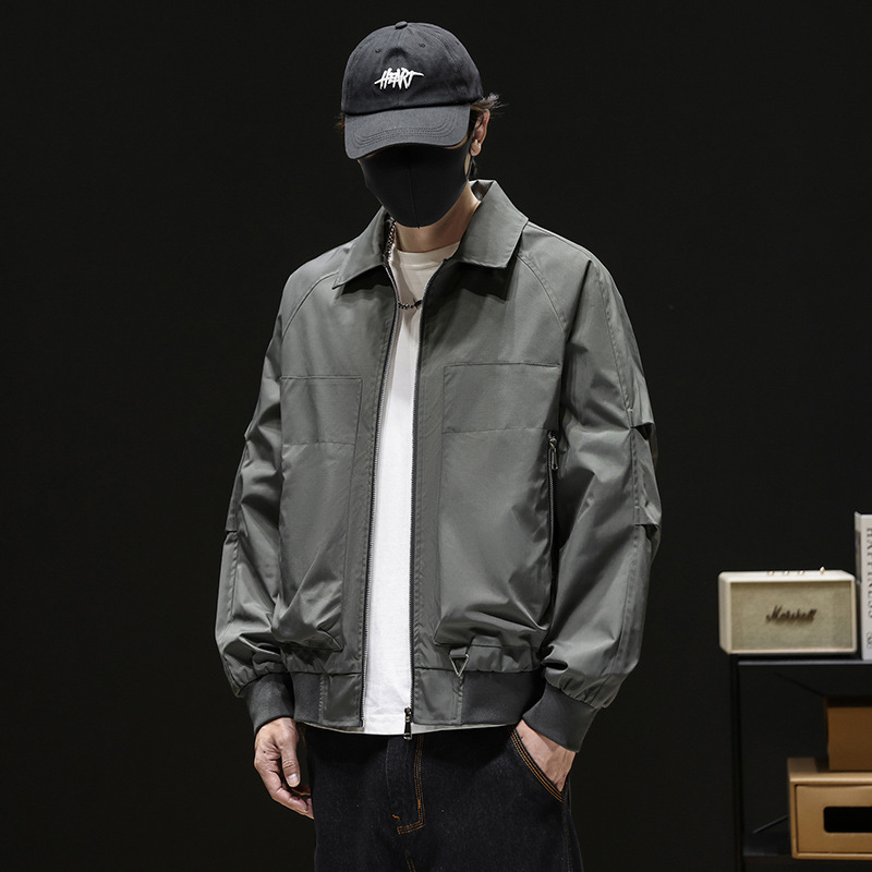 Férfi állógalléros edződzseki, funkcionális kültéri windbreaker, egyszínű, rövid fazon, tavasz–ősz