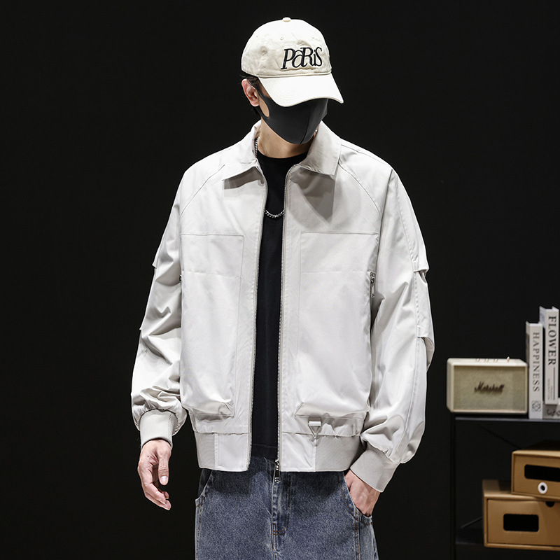 Férfi állógalléros edződzseki, funkcionális kültéri windbreaker, egyszínű, rövid fazon, tavasz–ősz