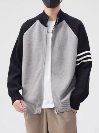 Férfi patchwork színblokkokkal cardigan kabát, téli kötött, utcai stílus