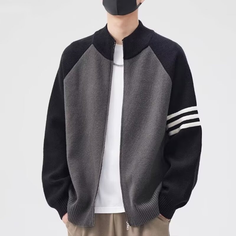 Férfi patchwork színblokkokkal cardigan kabát, téli kötött, utcai stílus