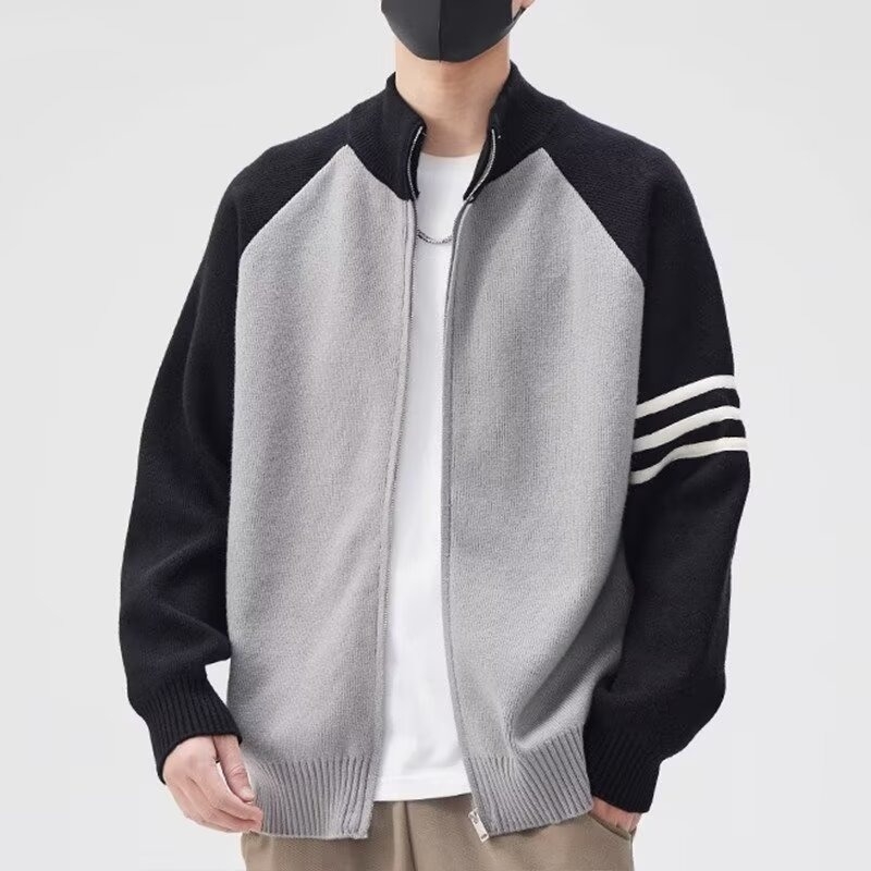 Férfi patchwork színblokkokkal cardigan kabát, téli kötött, utcai stílus
