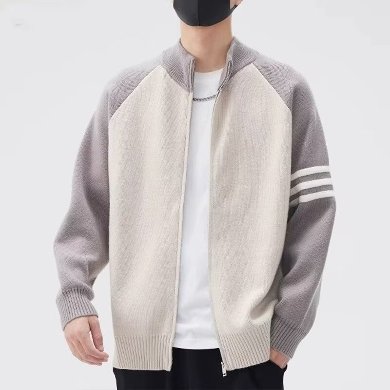 Férfi patchwork színblokkokkal cardigan kabát, téli kötött, utcai stílus