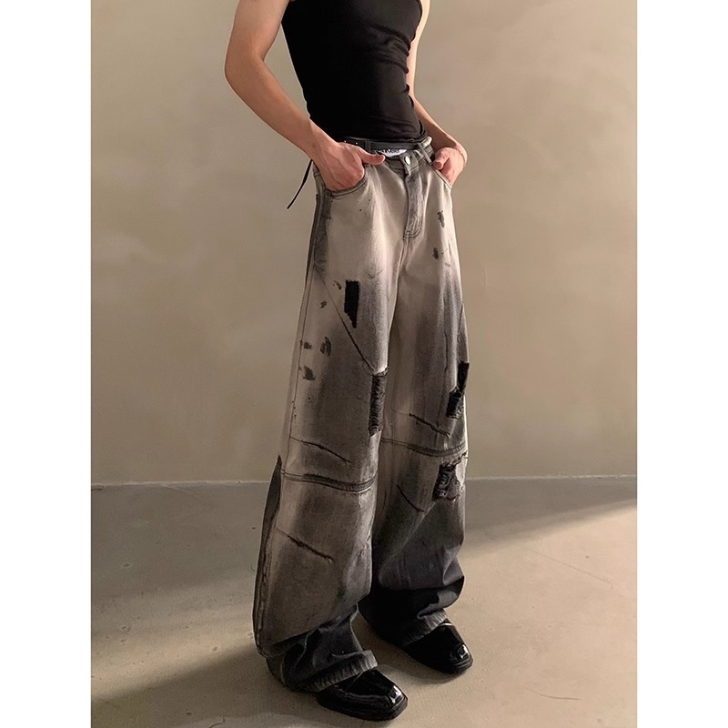 Férfi farmerdzseki tie-dye mintával, amerikai utcai divat stílus, laza szabás, rever Gallér, mindennapi külső ruházat