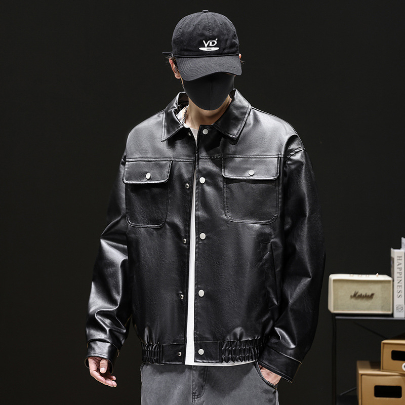 Amerikai stílusú vízálló PU bőrs motorcycle kabát férfiaknak, őszi streetwear, hétköznapi lezser darab, több zsebbel