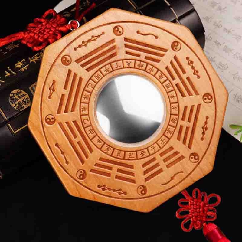 Privesak Bagua od drveta breskve, dvostrano ogledalo, ugraviran Yin–Yang, konveksno i konkavno, četiri božanska zvijeri, Tai Chi devet palača