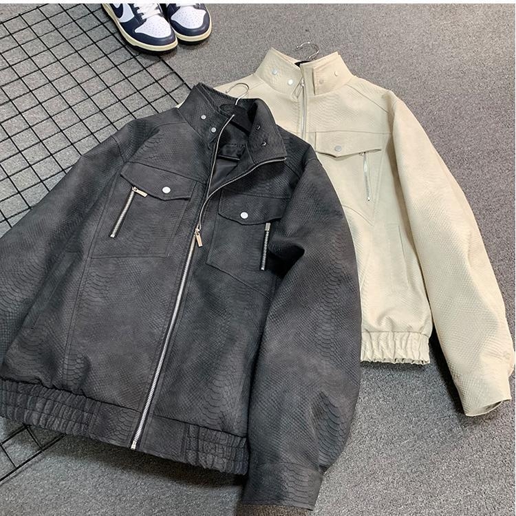Američka retro PU kožna jakna s mat završnim slojem i uzorkom zmije, muška, proljeće, CleanFit, Detroit radnička jakna