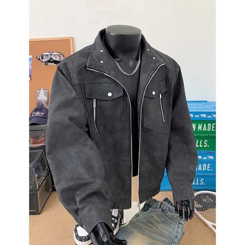 Američka retro PU kožna jakna s mat završnim slojem i uzorkom zmije, muška, proljeće, CleanFit, Detroit radnička jakna