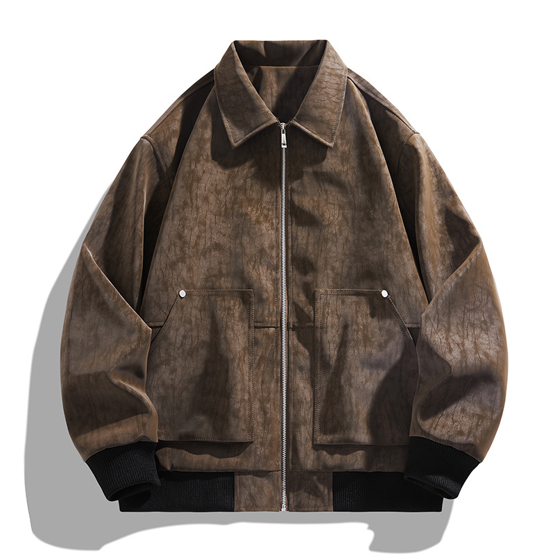 Férfi PU bőrdzseki, gallérral, dupla záródással, kapucnival, motoros stílusú, retro amerikai streetwear
