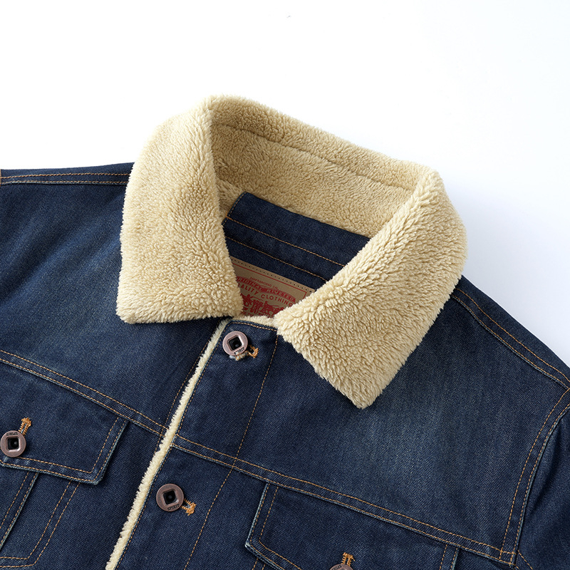Férfi denim-pamut dzseki, casual stílus, amerikai verzió, laza szabás, vastag fleece-bélés