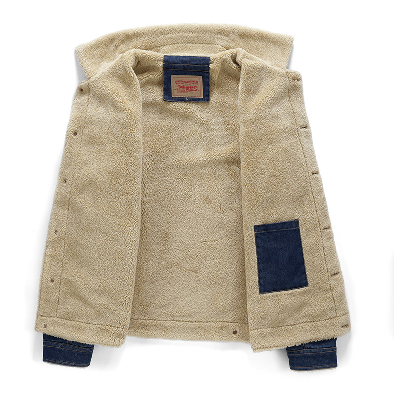 Férfi denim-pamut dzseki, casual stílus, amerikai verzió, laza szabás, vastag fleece-bélés