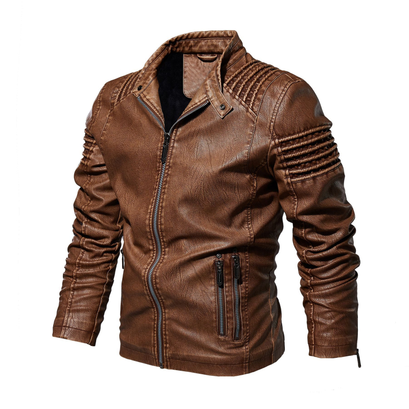 Férfi PU bőrkabát téli viselet – állvédős gallér, cipzáros záródás, cipzáros zsebek, egyenes szabás, hétköznapi stílus
