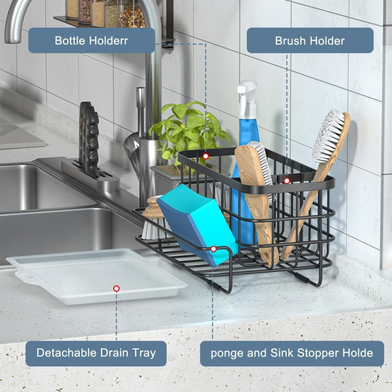 Nerđajući čelični stalak za spužve i posuđe, bez bušenja, odvodni stalak za sudoperu i kuhinjski organizator