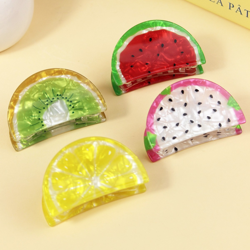 Kreativni klips za kosu s voćnim motivom: limun i dinja, akril, crtani stil, dječji dodatak, slatka klipsa s motivom ajkule