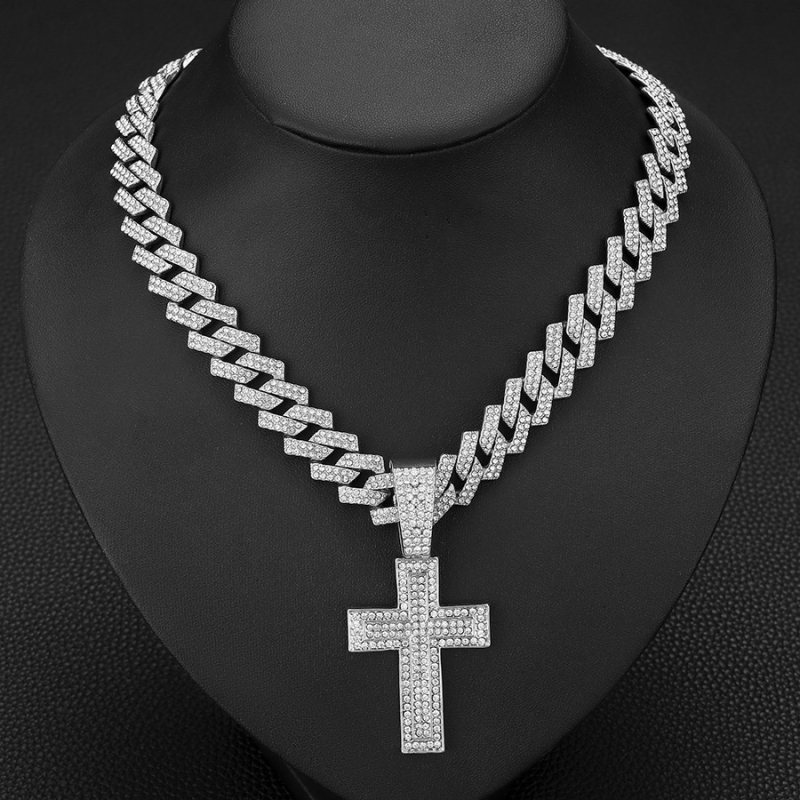 Unisex ogrlica s kubanskom lancu i križem posutim dijamantima, nišni minimalistički dizajn, duljina 41-50 cm