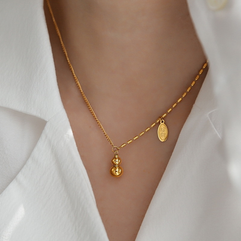18K zlatom prekriven Ping An Gourd nakit za žene, podesiva duljina 21–50 cm, lanac u obliku vodnih valova, privjesak od titanijskog čelika, retro stil