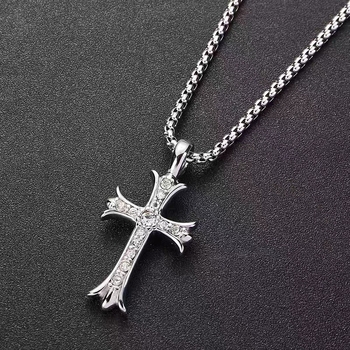 Privjesak križa s dijamantima na bisernoj ogrlici, unisex, od titan čelika, duljina 61-70 cm