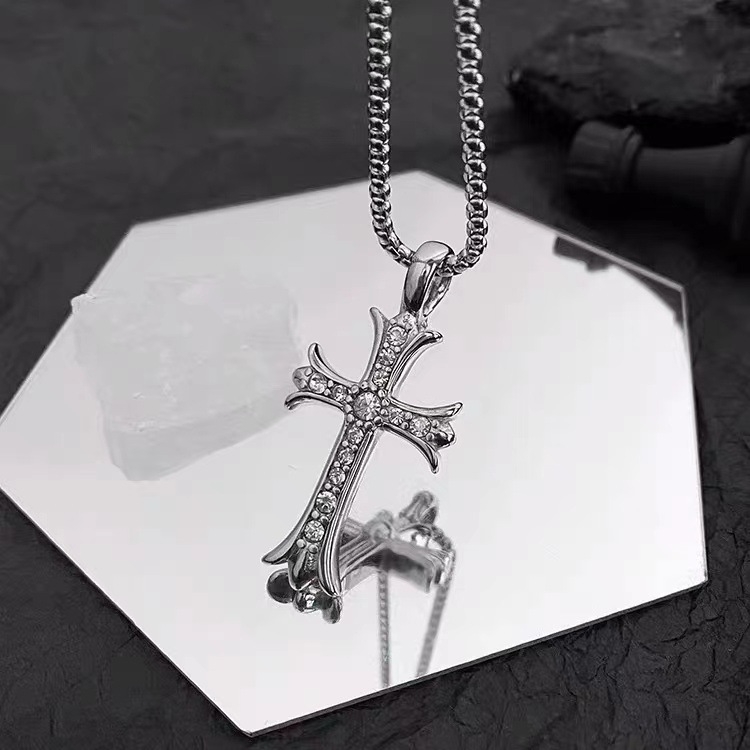 Privjesak križa s dijamantima na bisernoj ogrlici, unisex, od titan čelika, duljina 61-70 cm