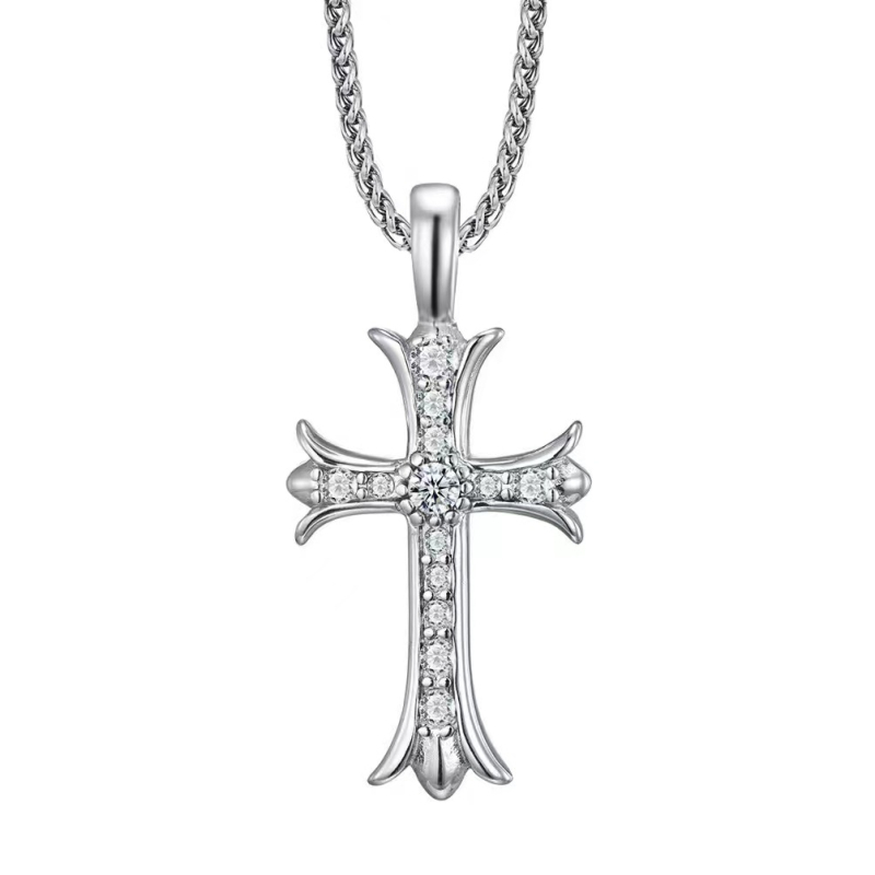 Privjesak križa s dijamantima na bisernoj ogrlici, unisex, od titan čelika, duljina 61-70 cm