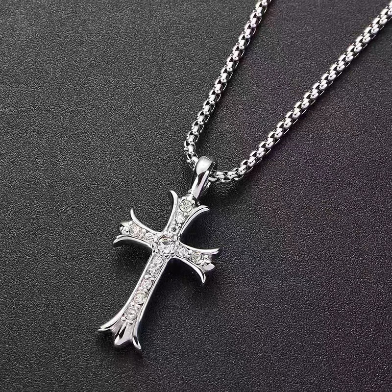 Privjesak križa s dijamantima na bisernoj ogrlici, unisex, od titan čelika, duljina 61-70 cm