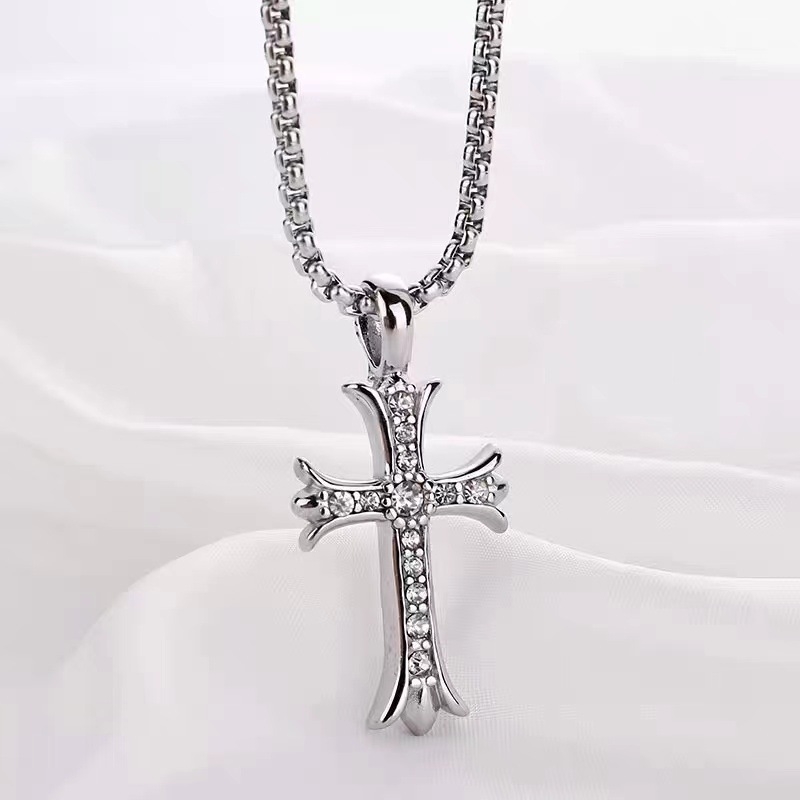 Privjesak križa s dijamantima na bisernoj ogrlici, unisex, od titan čelika, duljina 61-70 cm