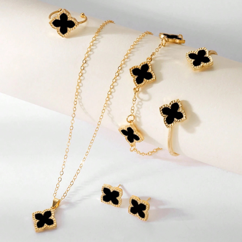 Set nakita s četverolistnom detelinom za žene – jednostavan i moderan dizajn s cvjetnim motivom, 6 komada (naušnice, ogrlice, narukvice)