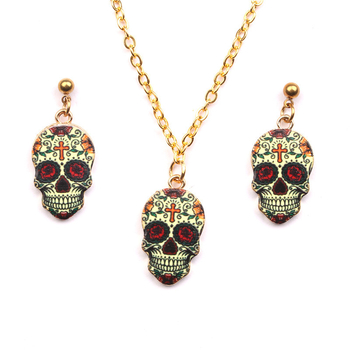 Unisex set ogrlice s lubanjom, s finišem kapljajućeg ulja, punk dizajn i Halloween naušnice