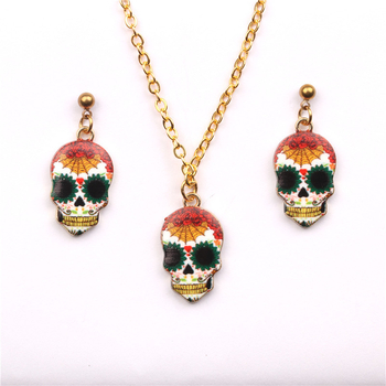 Unisex set ogrlice s lubanjom, s finišem kapljajućeg ulja, punk dizajn i Halloween naušnice