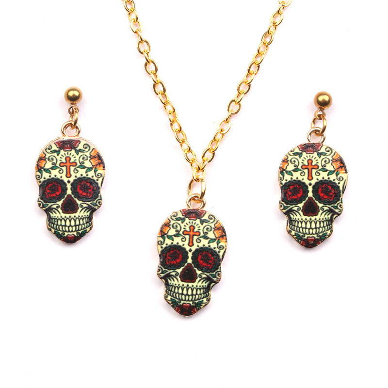 Unisex set ogrlice s lubanjom, s finišem kapljajućeg ulja, punk dizajn i Halloween naušnice