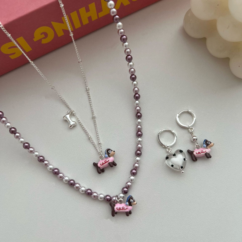Set naušnica i ogrlica s perlama i motivom psa, kawaii Instagram stil, za žene