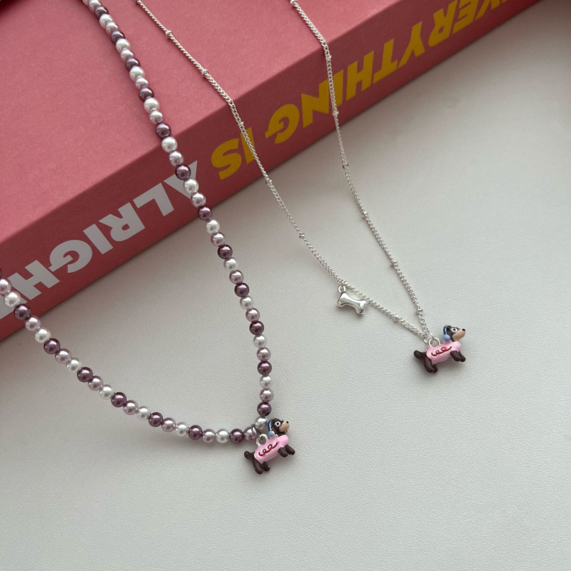 Set naušnica i ogrlica s perlama i motivom psa, kawaii Instagram stil, za žene