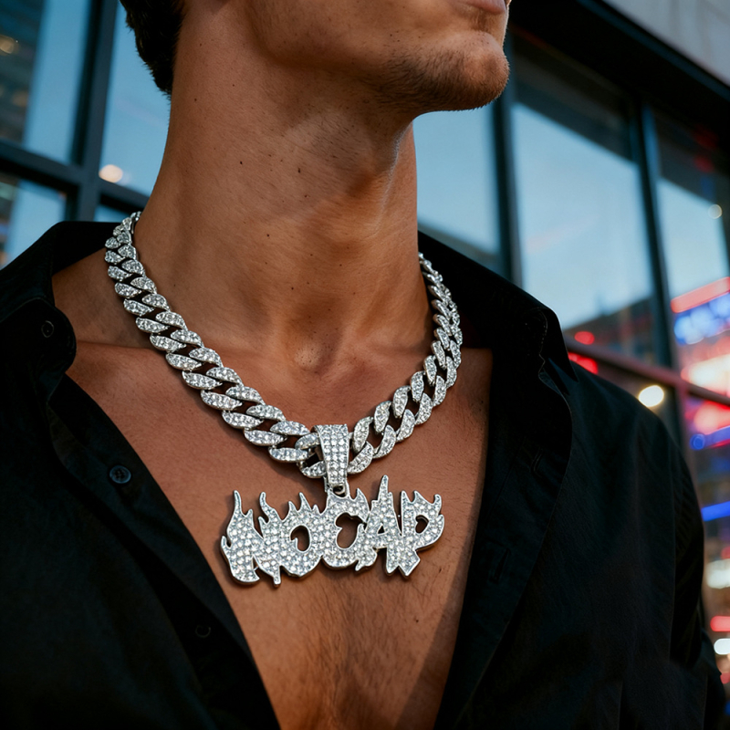 Muški ogrlica s hip-hop stilom, retro plamen slovo privjesak, pavé dijamantno slovo, svestran modni dodatak