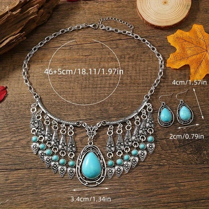 Set ogrlice i naušnica s tirkizom, retro okrugli geometrijski oblik, metalni lanac