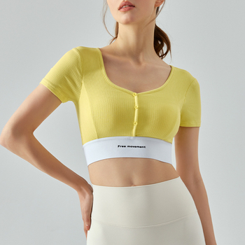 Top de fitness slim-fit pentru femei, scurt, cu perne detașabile pentru bust, decolteu în formă de inimă, blocuri de culoare, top de yoga cu mâneci scurte