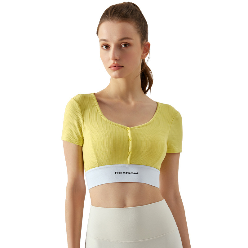 Top de fitness slim-fit pentru femei, scurt, cu perne detașabile pentru bust, decolteu în formă de inimă, blocuri de culoare, top de yoga cu mâneci scurte