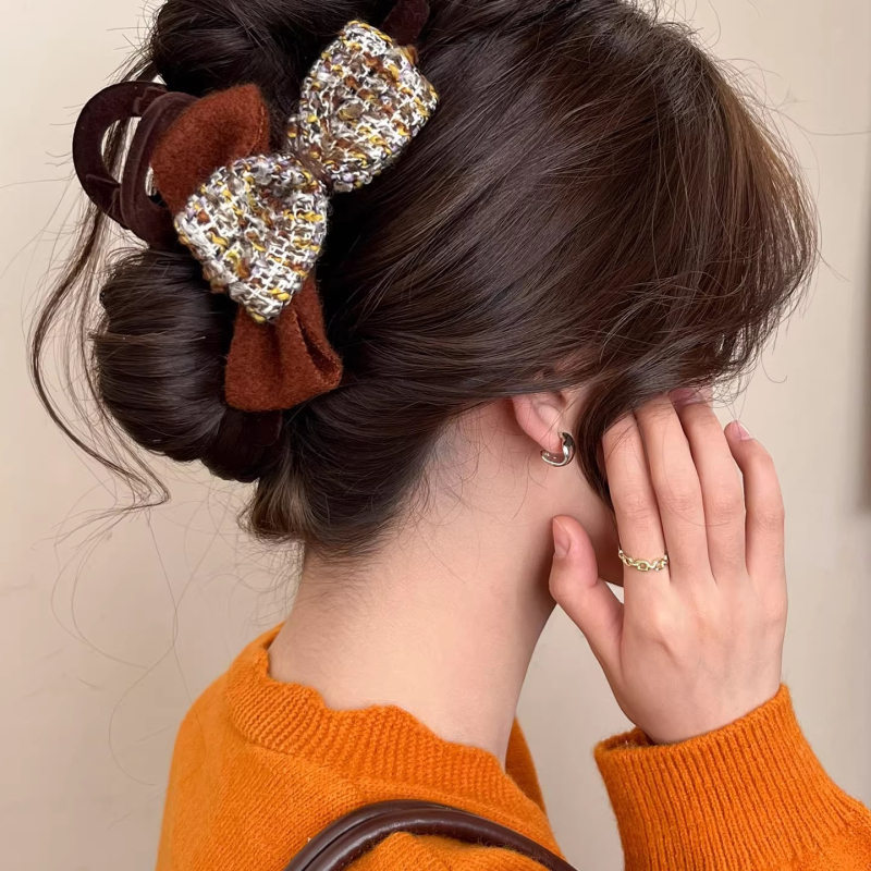 Chanel stil pliš mašna za žene, klips za stražnji dio glave, jesensko-zimski dodatak za kosu