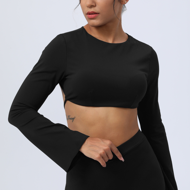Top de yoga cu mâneci lungi, cu absorbție a umezelii și uscare rapidă, croială Slim, 75% nailon, 25% elastan, cu căptușeală