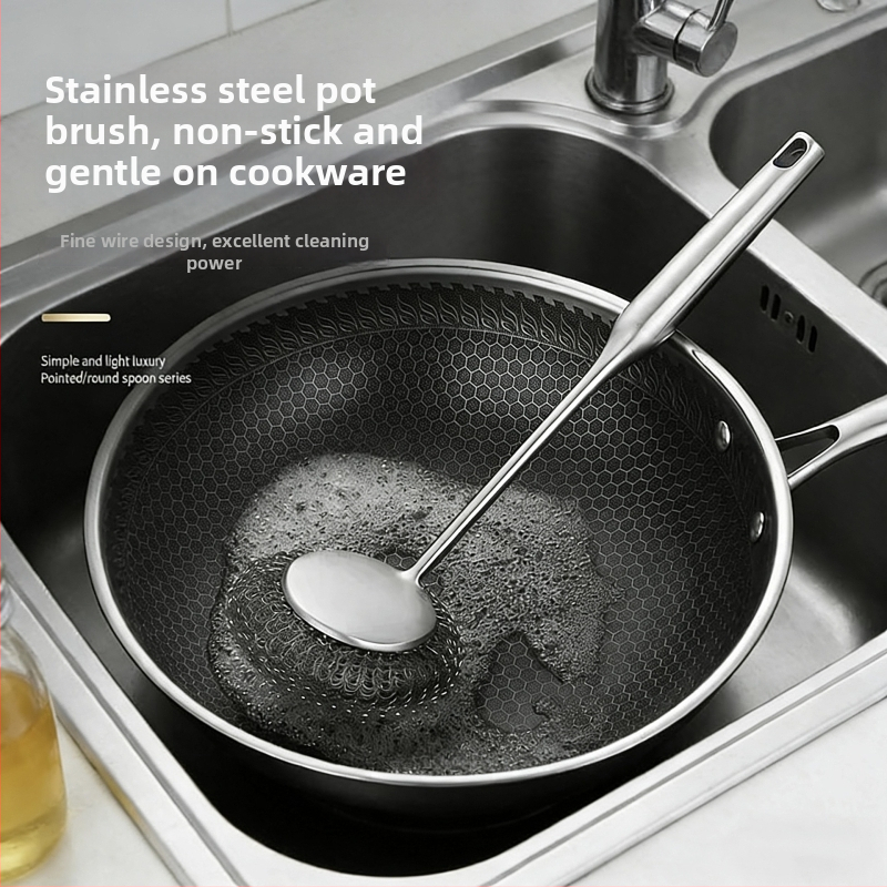 Четка за тенджери от неръждаема стомана с удължена дебела дръжка за почистване на съдове