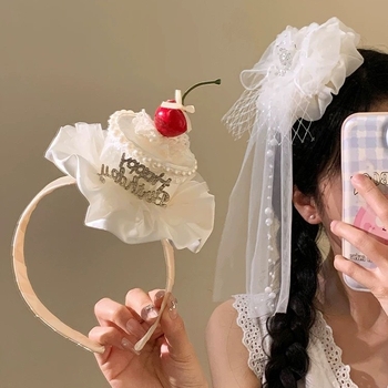 Rođendanska serija: Cherry Cake šešir s čipkastom trakom za kosu i kopčom za kosu — slatki dječji dodaci za zabave i fotografije