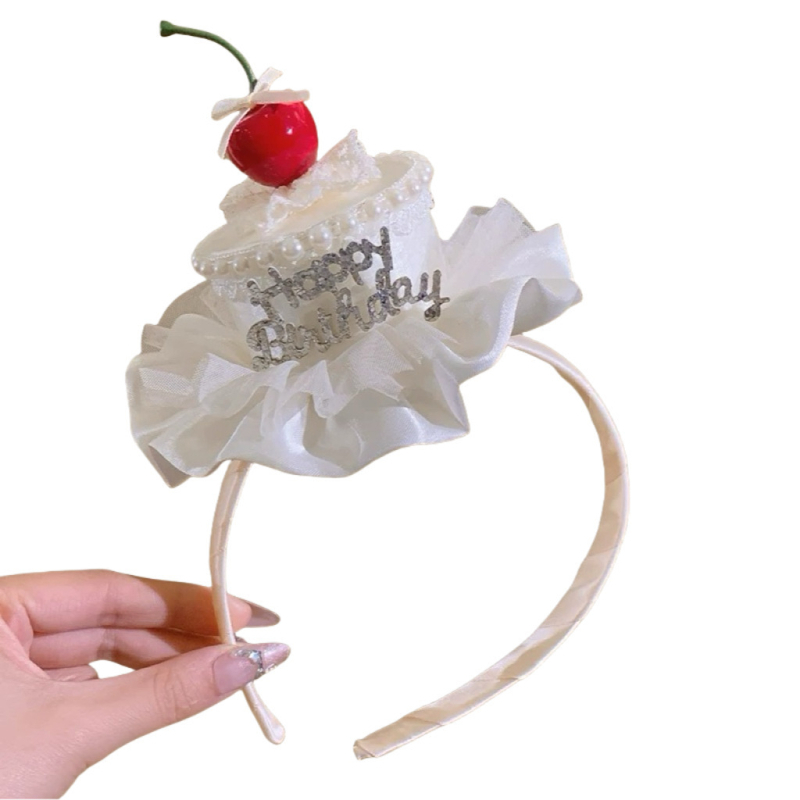 Rođendanska serija: Cherry Cake šešir s čipkastom trakom za kosu i kopčom za kosu — slatki dječji dodaci za zabave i fotografije